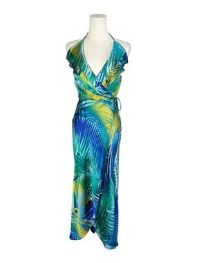 Y2K Vintage Cache Tropical Print Wrap Style Halter Maxi Dress Resort Vacation